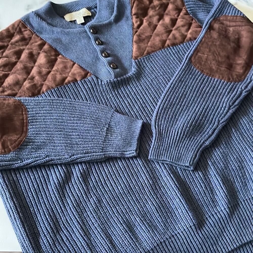 Cabelas Cotton Button Rustic Lodge Sweater Quilted Elbow Patch Mens Medium